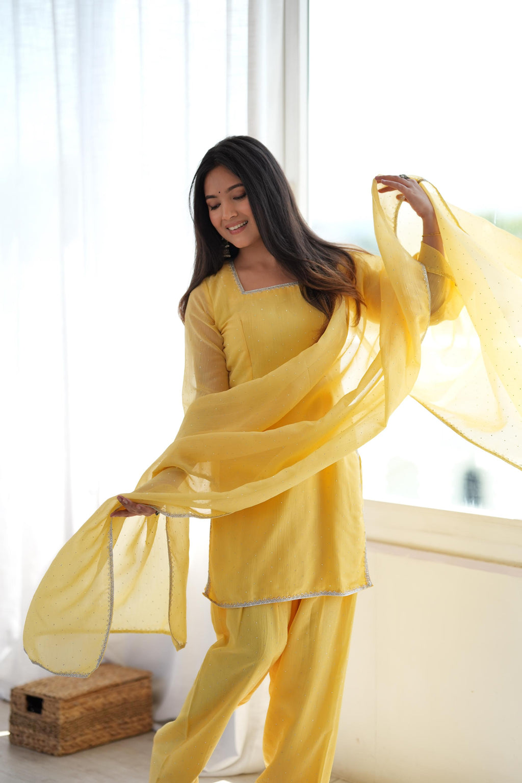 Beautiful Yellow Crunchy Silk Siroski Suit Set  | Tulip Designer
