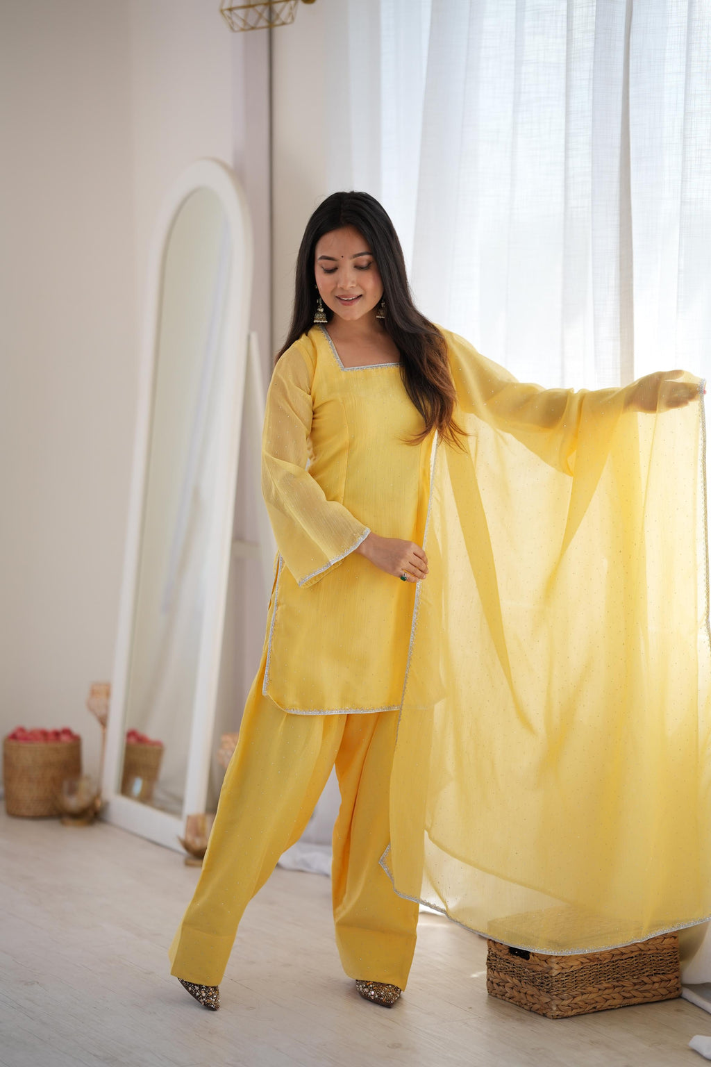 Beautiful Yellow Crunchy Silk Siroski Suit Set  | Tulip Designer
