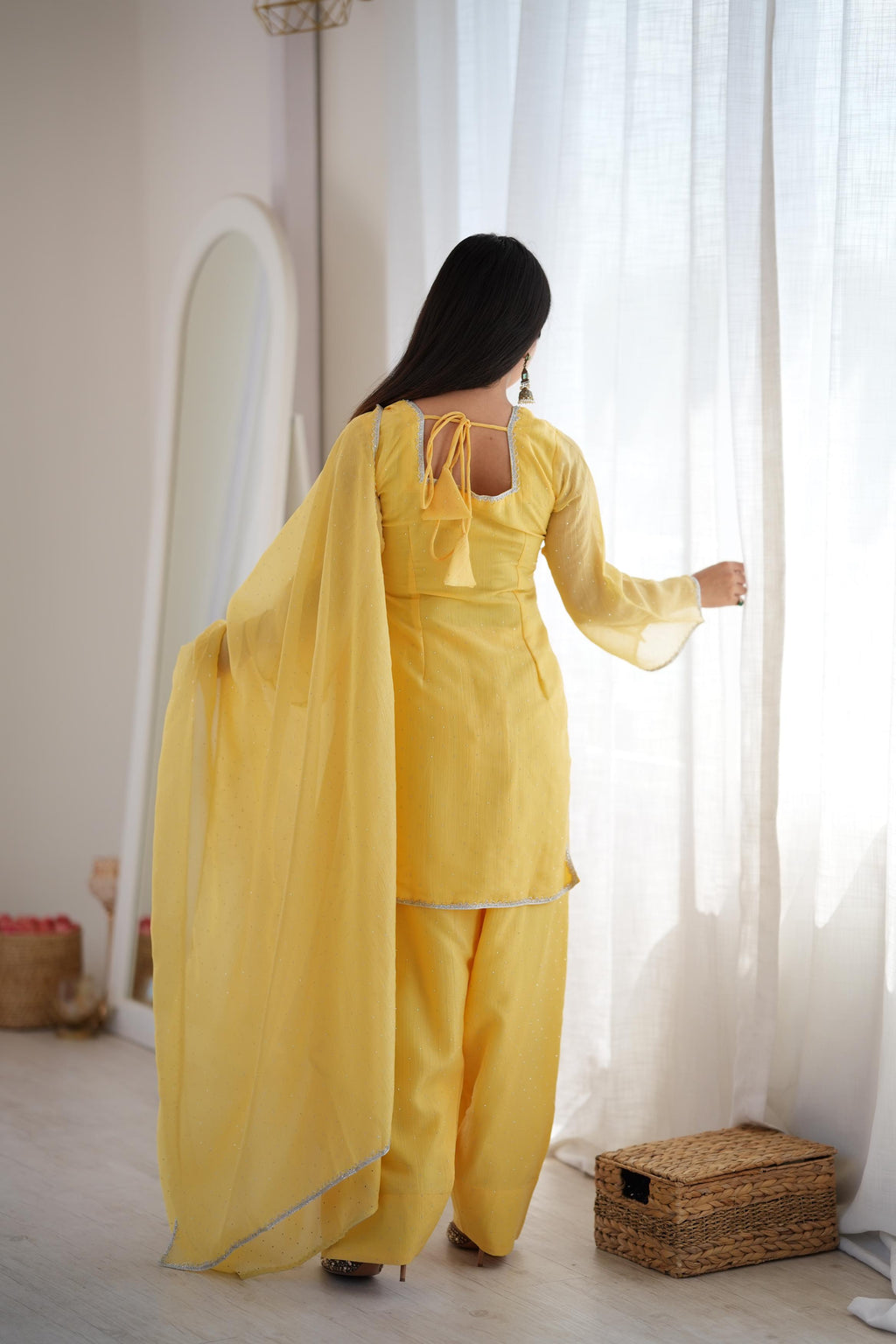 Beautiful Yellow Crunchy Silk Siroski Suit Set  | Tulip Designer
