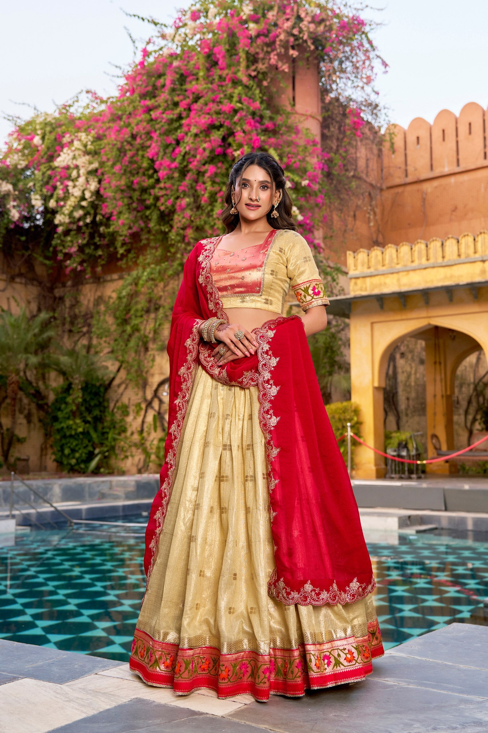 Designer Yellow Slub Kota Paithani Border Lehenga Set with NC Moss Dupatta
