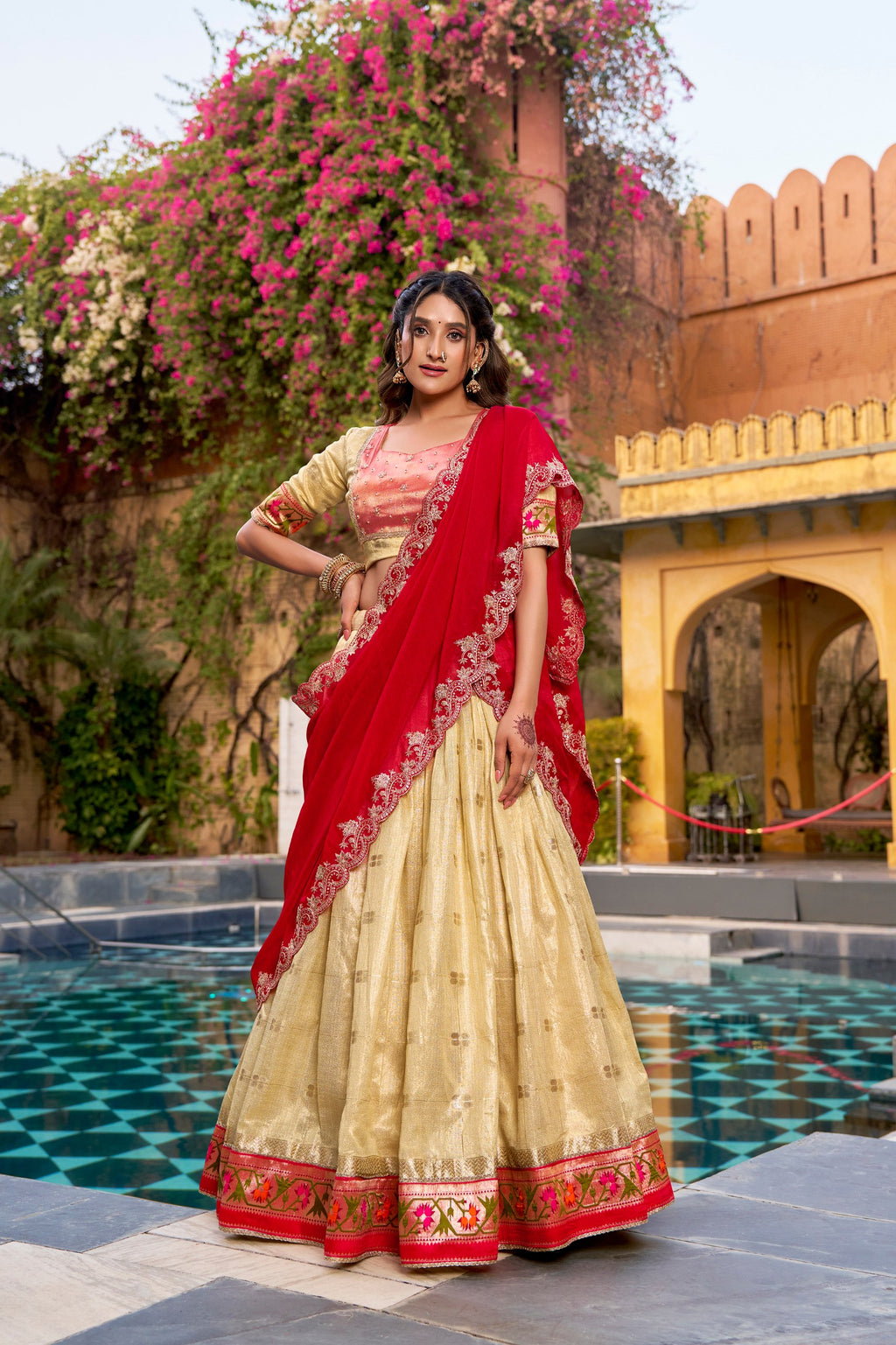 Designer Yellow Slub Kota Paithani Border Lehenga Set with NC Moss Dupatta

