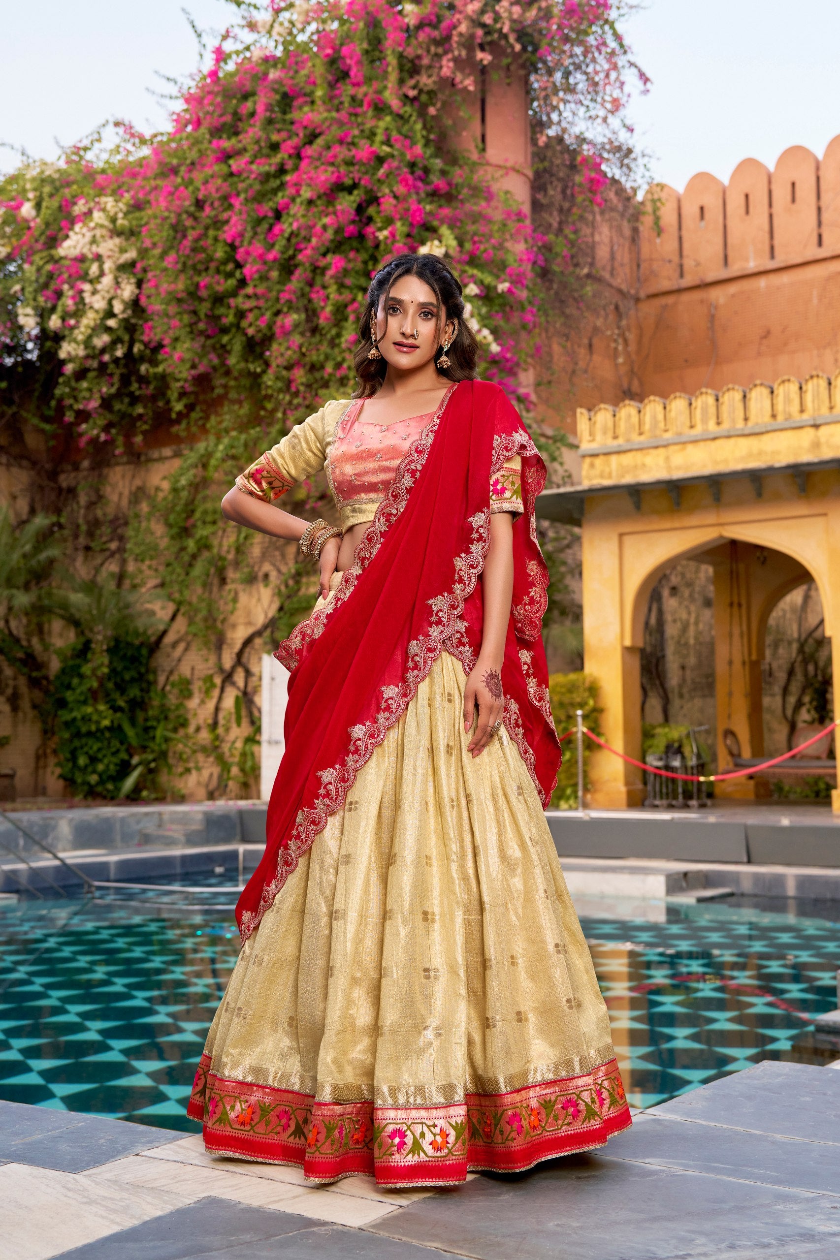 Designer Yellow Slub Kota Paithani Border Lehenga Set with NC Moss Dupatta

