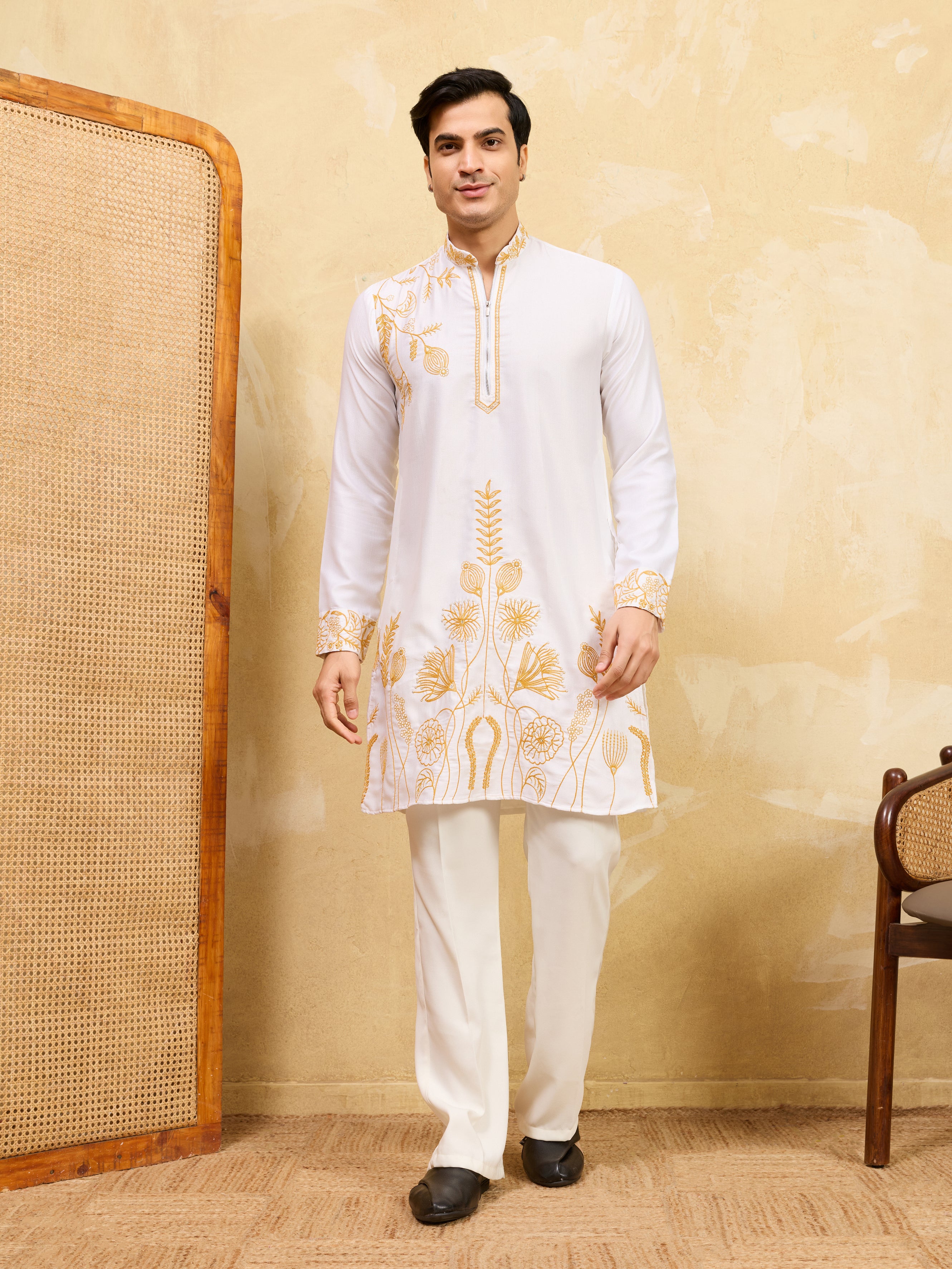 Elegant White Khadi Silk Kurta with Yellow Thread Work