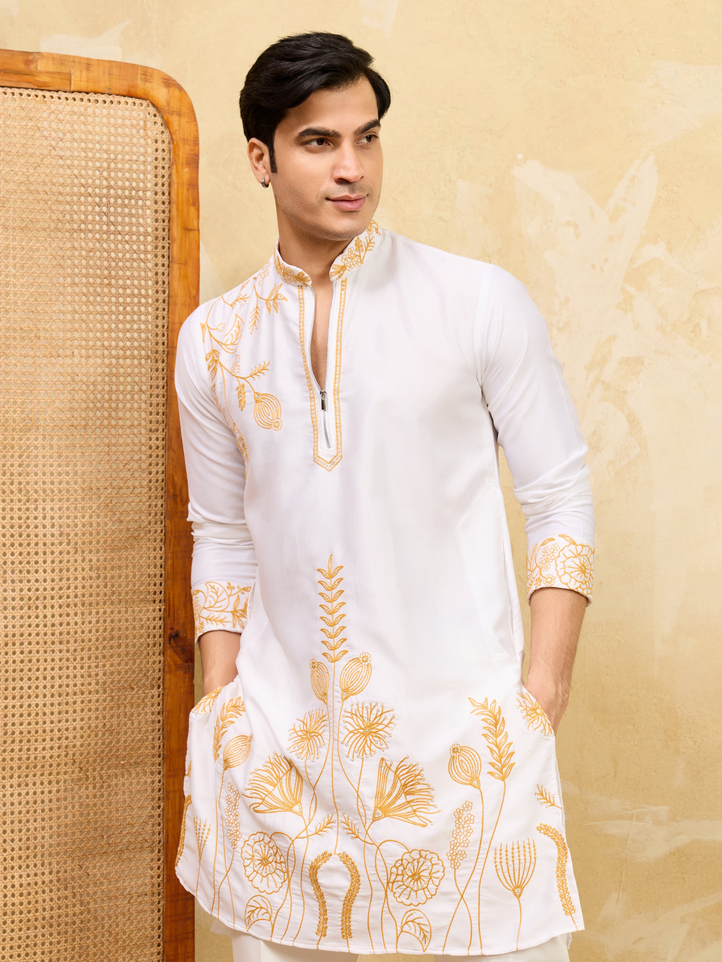 Elegant White Khadi Silk Kurta with Yellow Thread Work