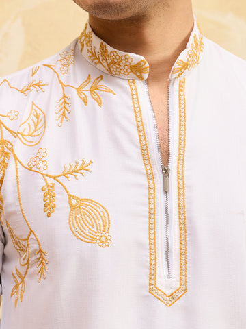 Elegant White Khadi Silk Kurta with Yellow Thread Work
