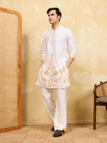 Elegant White Khadi Silk Kurta with Yellow Thread Work
