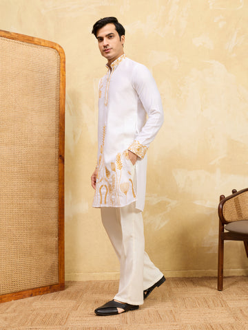 Elegant White Khadi Silk Kurta with Yellow Thread Work
