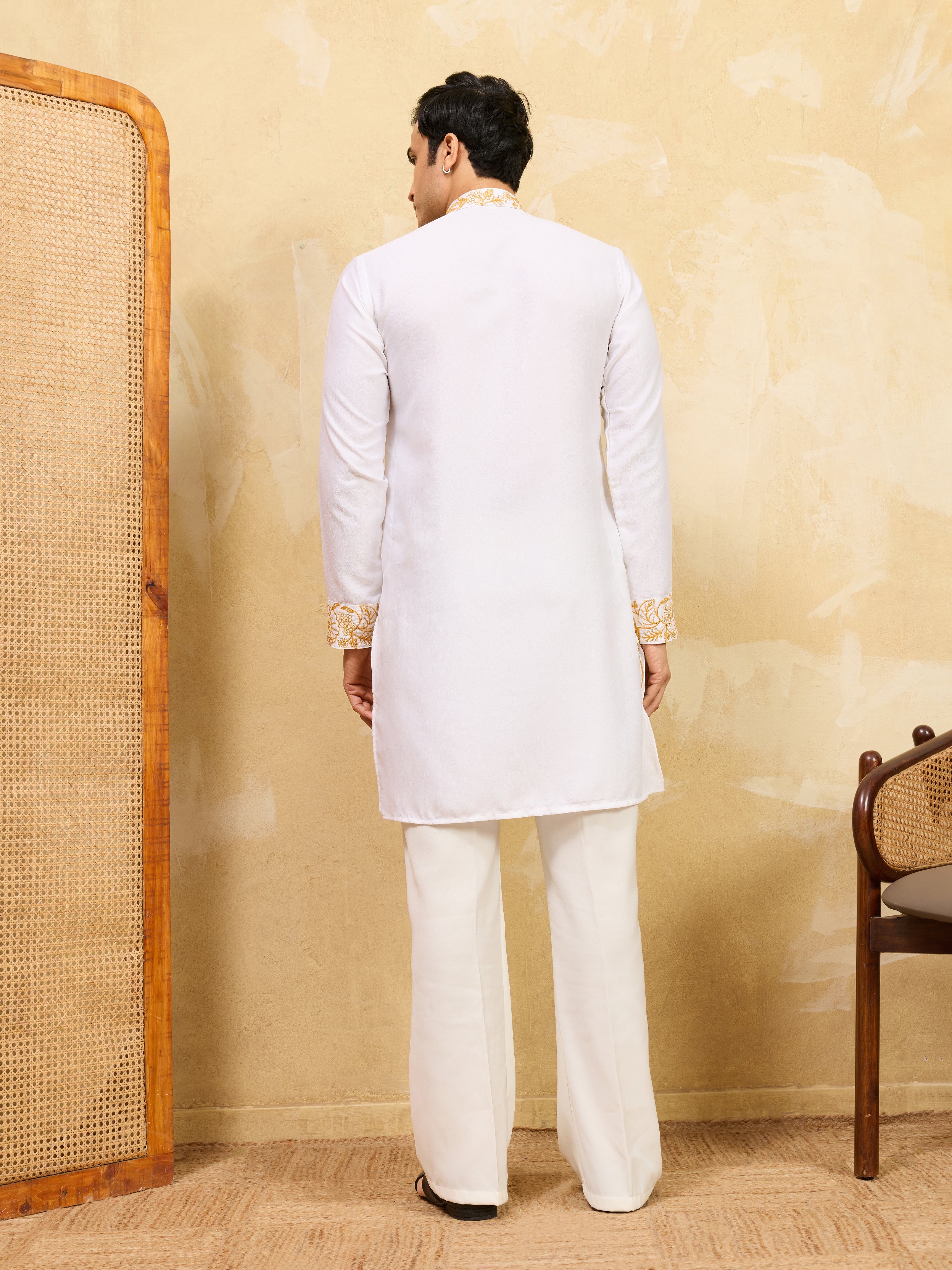 Elegant White Khadi Silk Kurta with Yellow Thread Work

