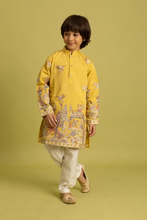 Vantara Style Yellow Kids Kurta Pajama Outfit