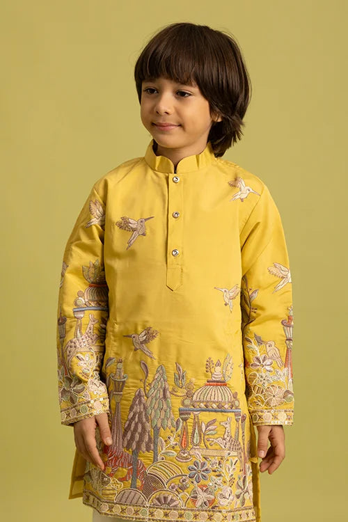 Vantara Style Yellow Kids Kurta Pajama Outfit