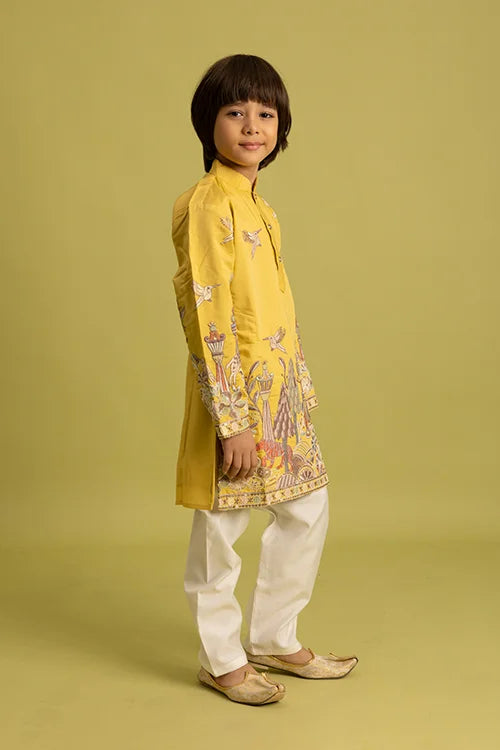 Vantara Style Yellow Kids Kurta Pajama Outfit