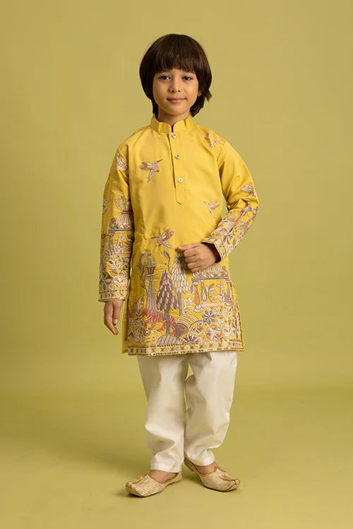 Vantara Style Yellow Kids Kurta Pajama Outfit