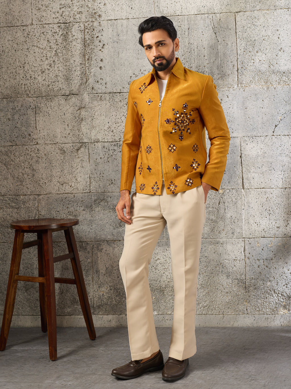 Festive Yellow Velvet Real Mirror Embroidered Bomber Jacket & Pant
