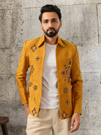 Festive Yellow Velvet Real Mirror Embroidered Bomber Jacket & Pant
