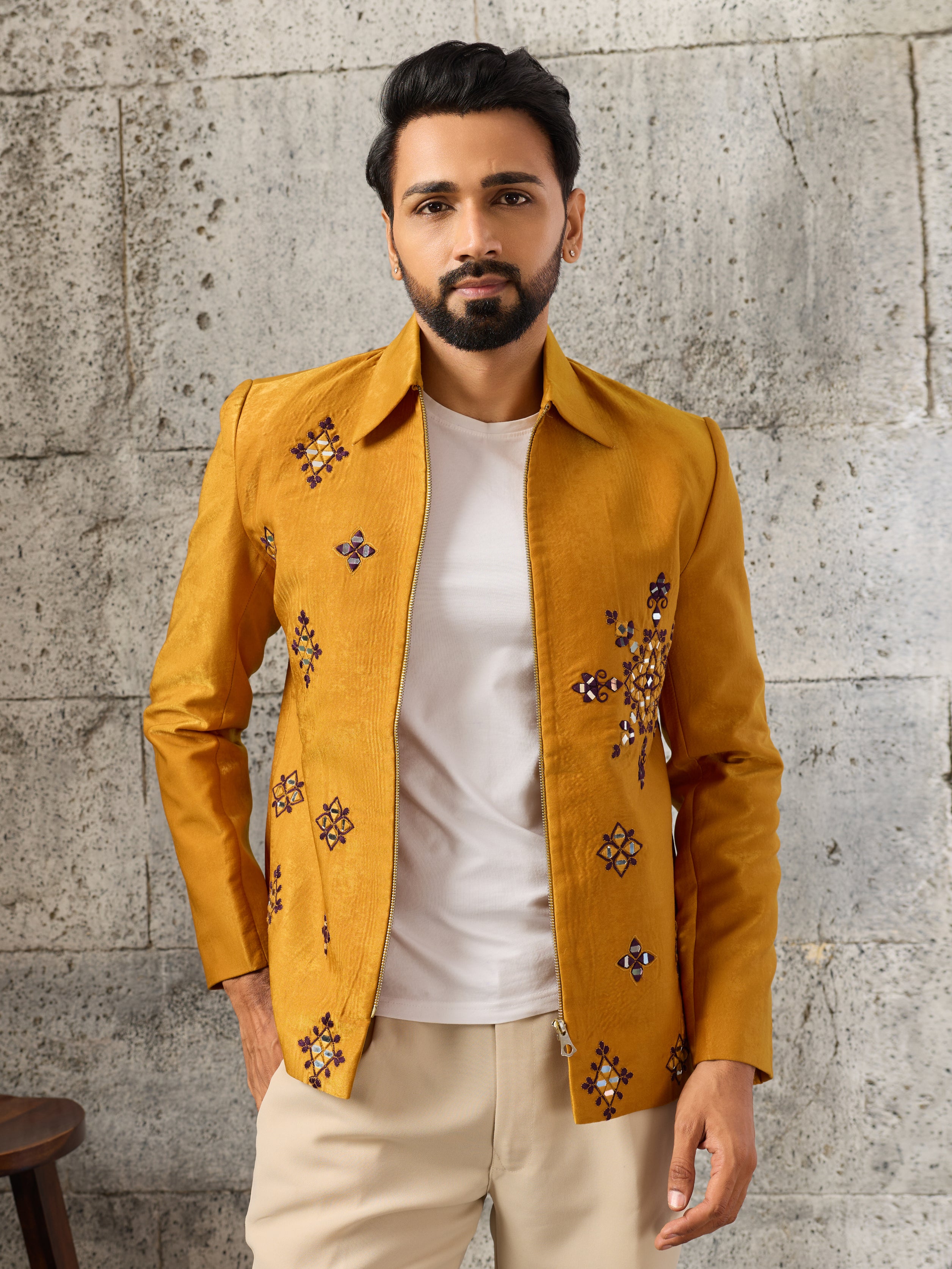 Festive Yellow Velvet Real Mirror Embroidered Bomber Jacket & Pant
