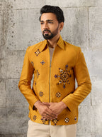 Festive Yellow Velvet Real Mirror Embroidered Bomber Jacket & Pant
