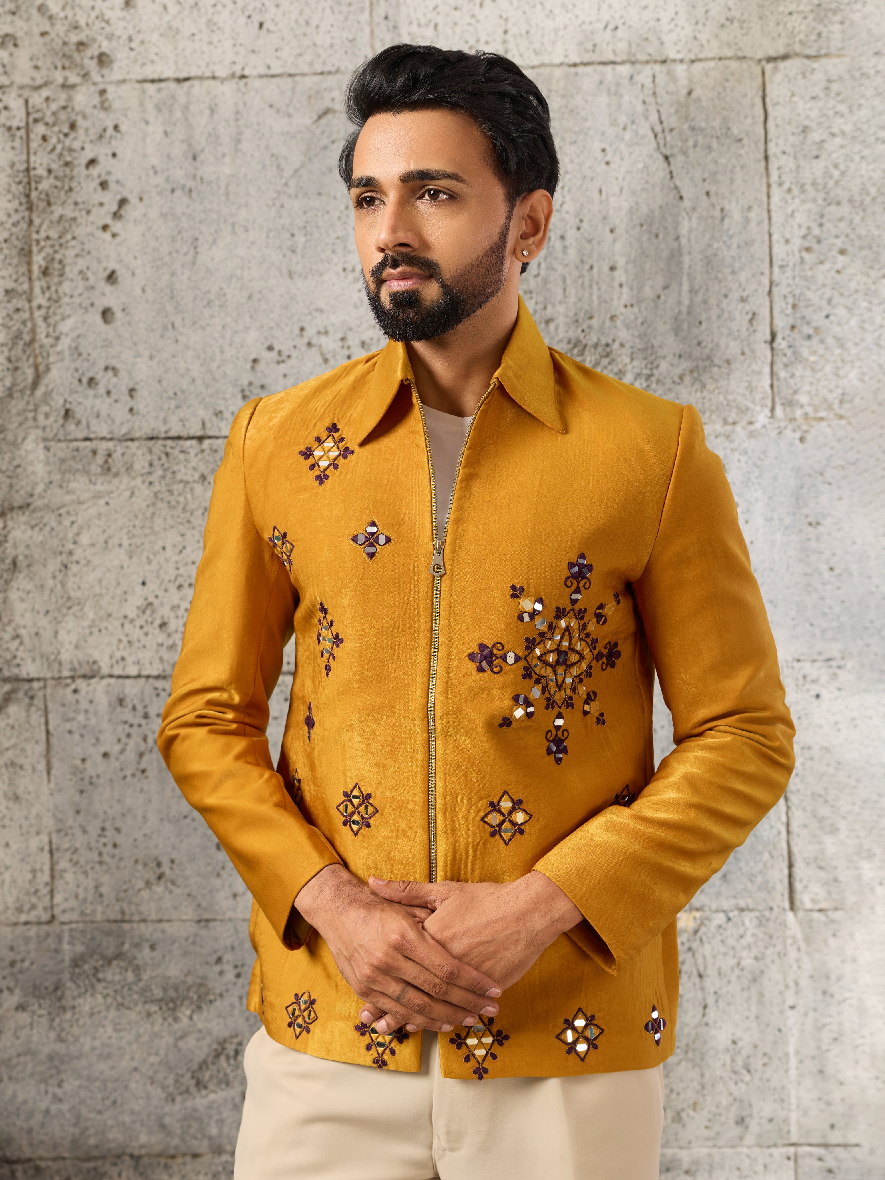 Festive Yellow Velvet Real Mirror Embroidered Bomber Jacket & Pant

