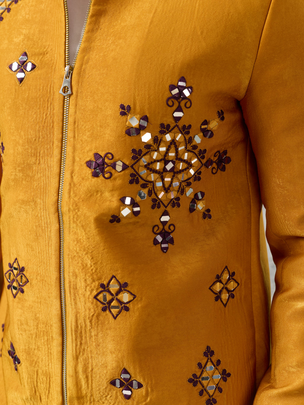 Festive Yellow Velvet Real Mirror Embroidered Bomber Jacket & Pant
