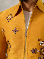 Festive Yellow Velvet Real Mirror Embroidered Bomber Jacket & Pant
