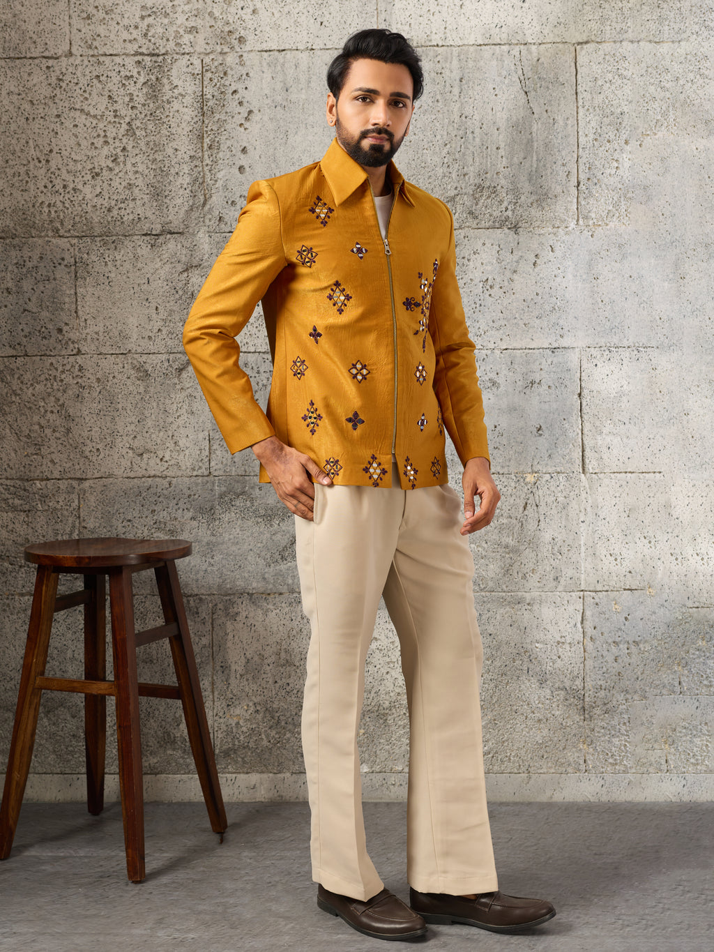 Festive Yellow Velvet Real Mirror Embroidered Bomber Jacket & Pant
