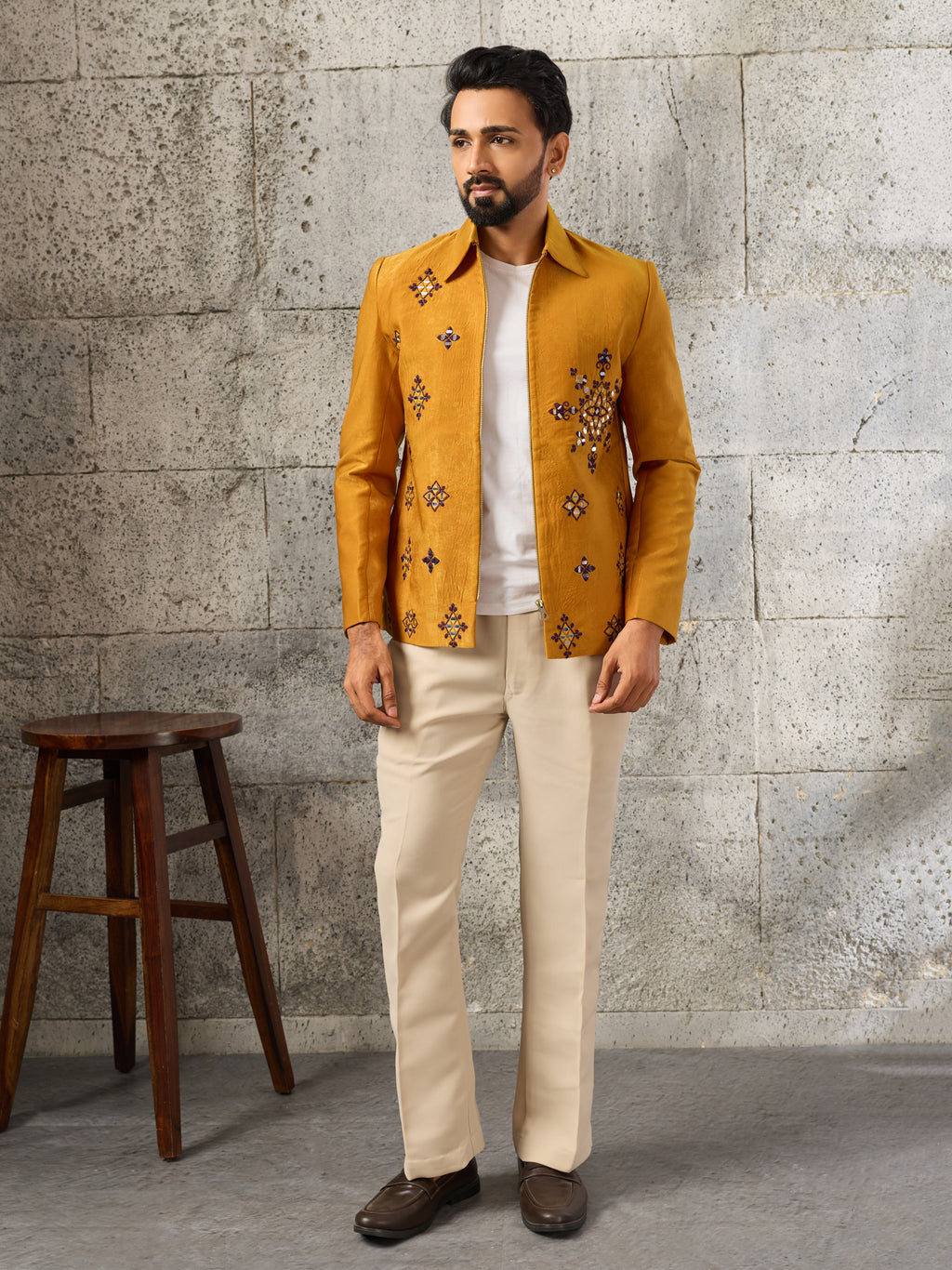 Festive Yellow Velvet Real Mirror Embroidered Bomber Jacket & Pant

