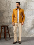Festive Yellow Velvet Real Mirror Embroidered Bomber Jacket & Pant
