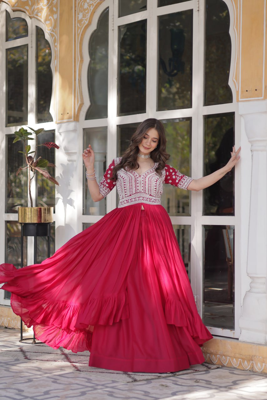 Premium Designer Star Georgette With Embroidery Beads Sequence Work Lehenga Kurti
