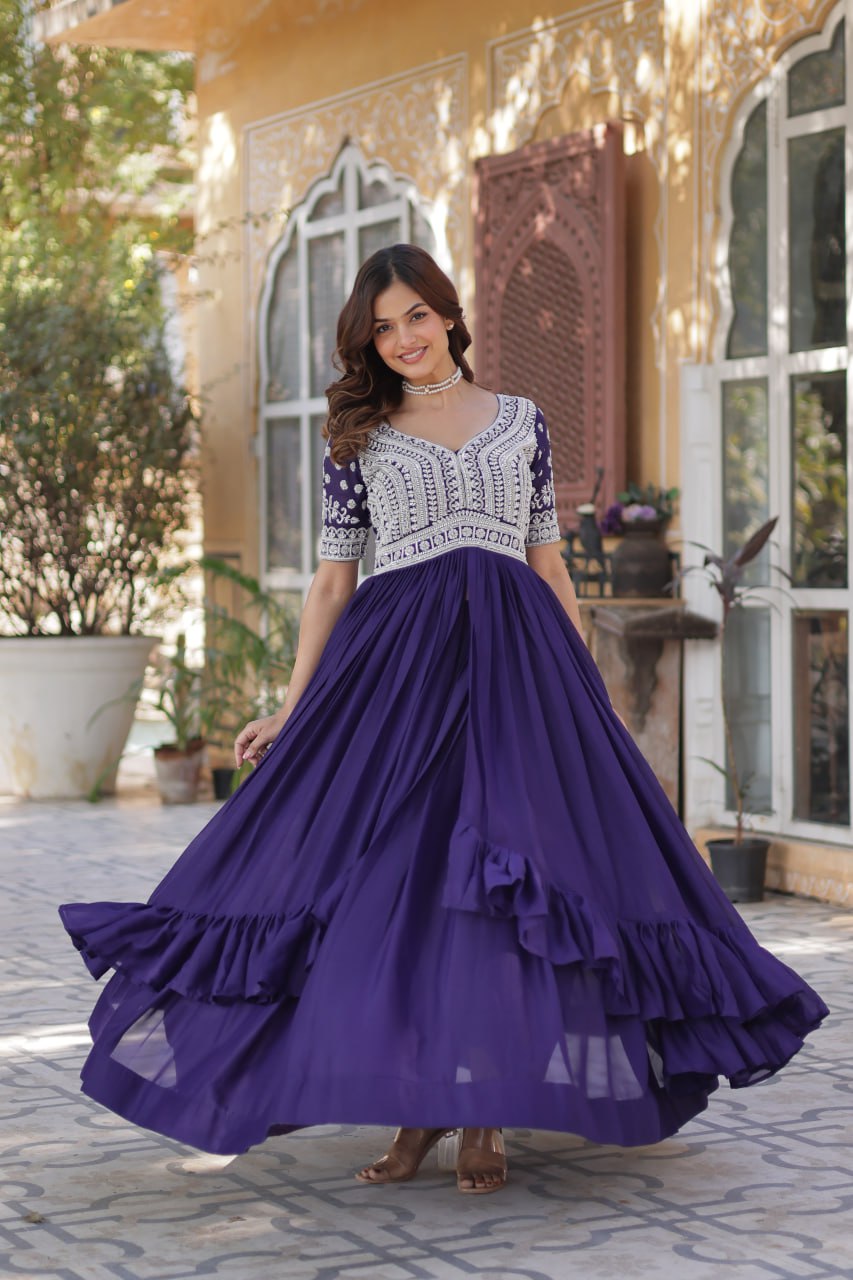 premium embroidered dresses with fine work Rani Pink Premium Designer Readymade Gown with Dupatta Embro