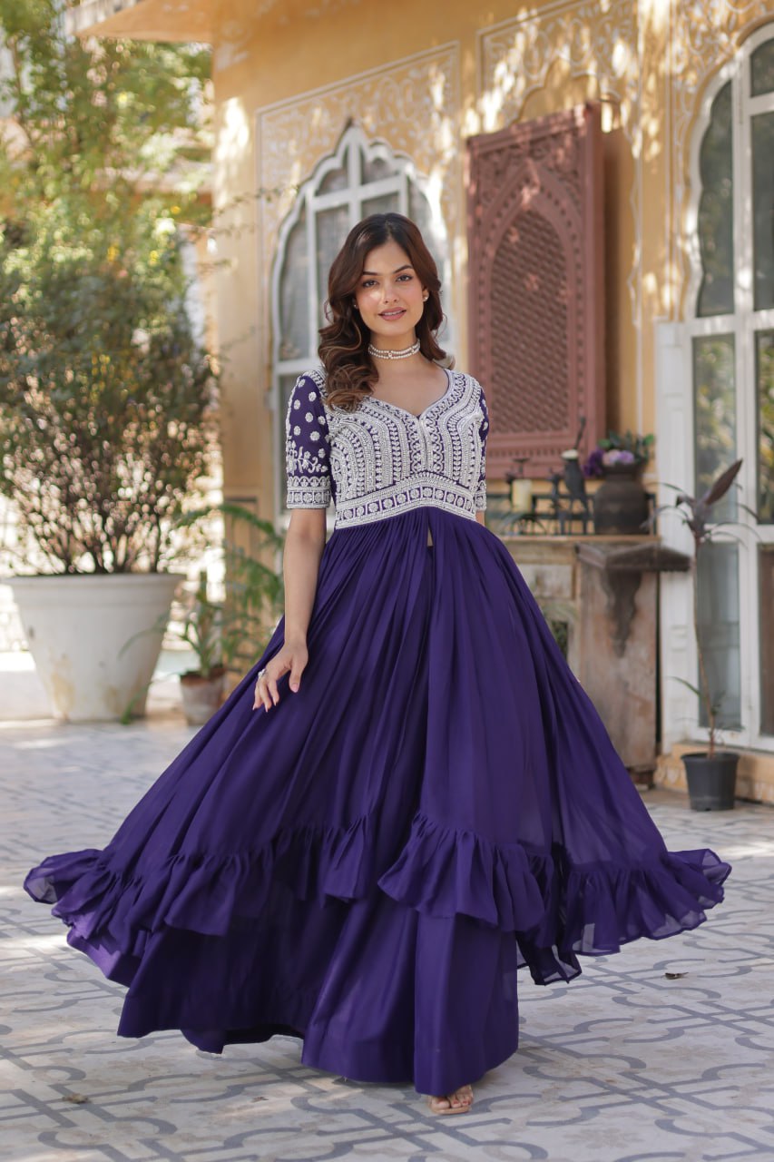 Premium Designer Star Georgette With Embroidery Beads Sequence Work Lehenga Kurti
