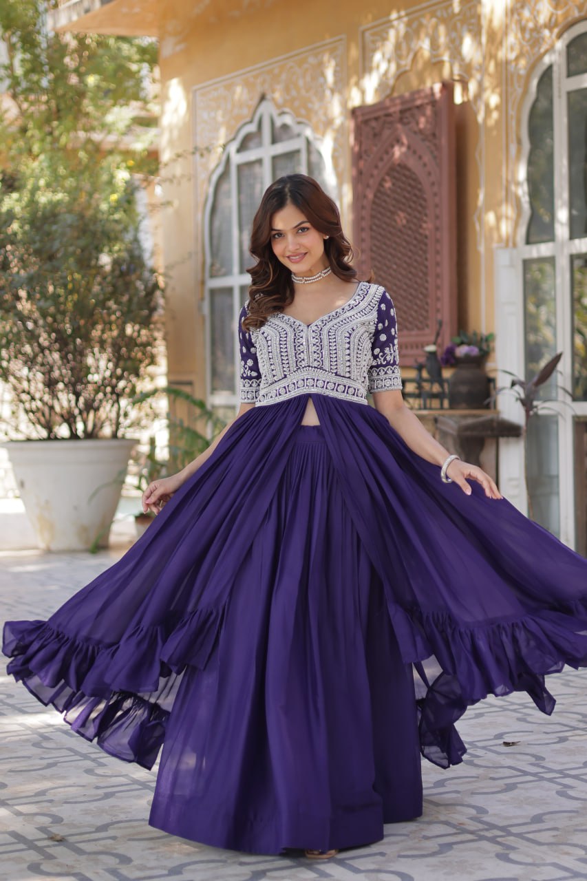 Premium Designer Star Georgette With Embroidery Beads Sequence Work Lehenga Kurti

