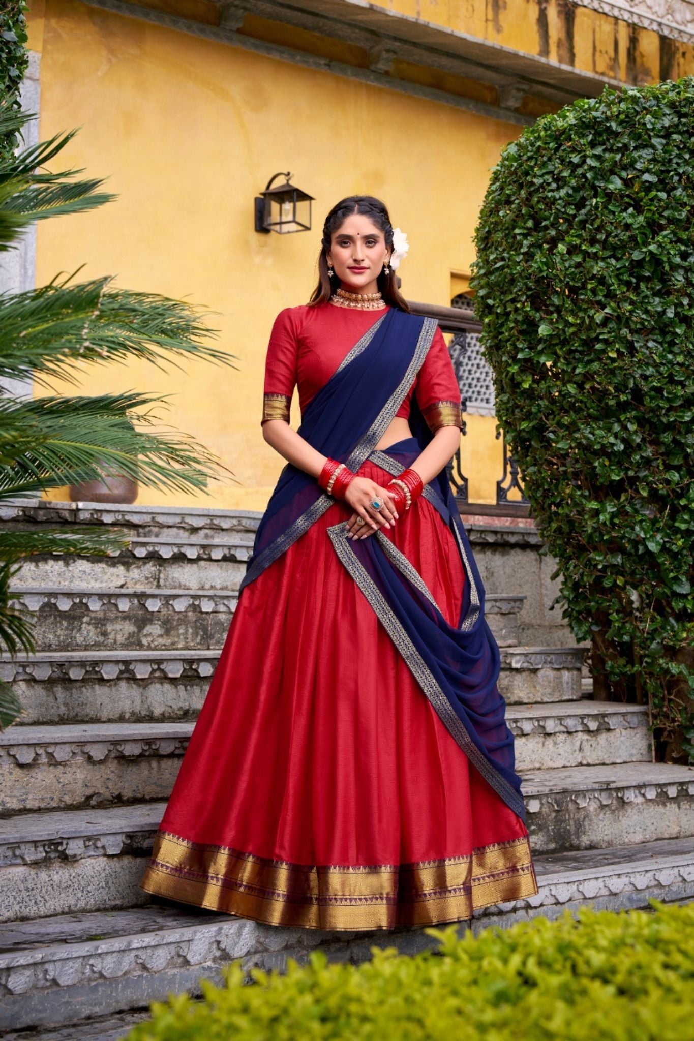 Ready-to-Wear Zari Woven Lehenga Set with Unstitched Blouse and Lace Border Dupatta