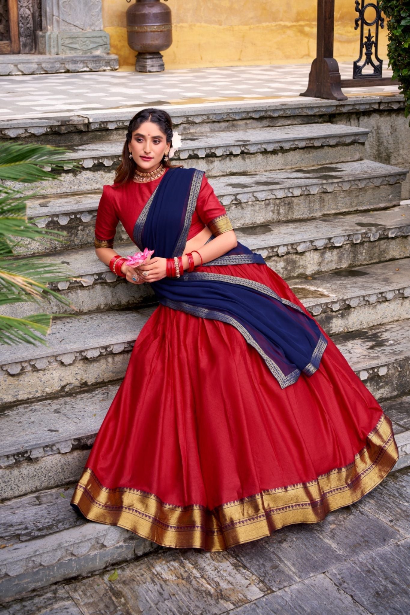 Ready-to-Wear Zari Woven Lehenga Set with Unstitched Blouse and Lace Border Dupatta