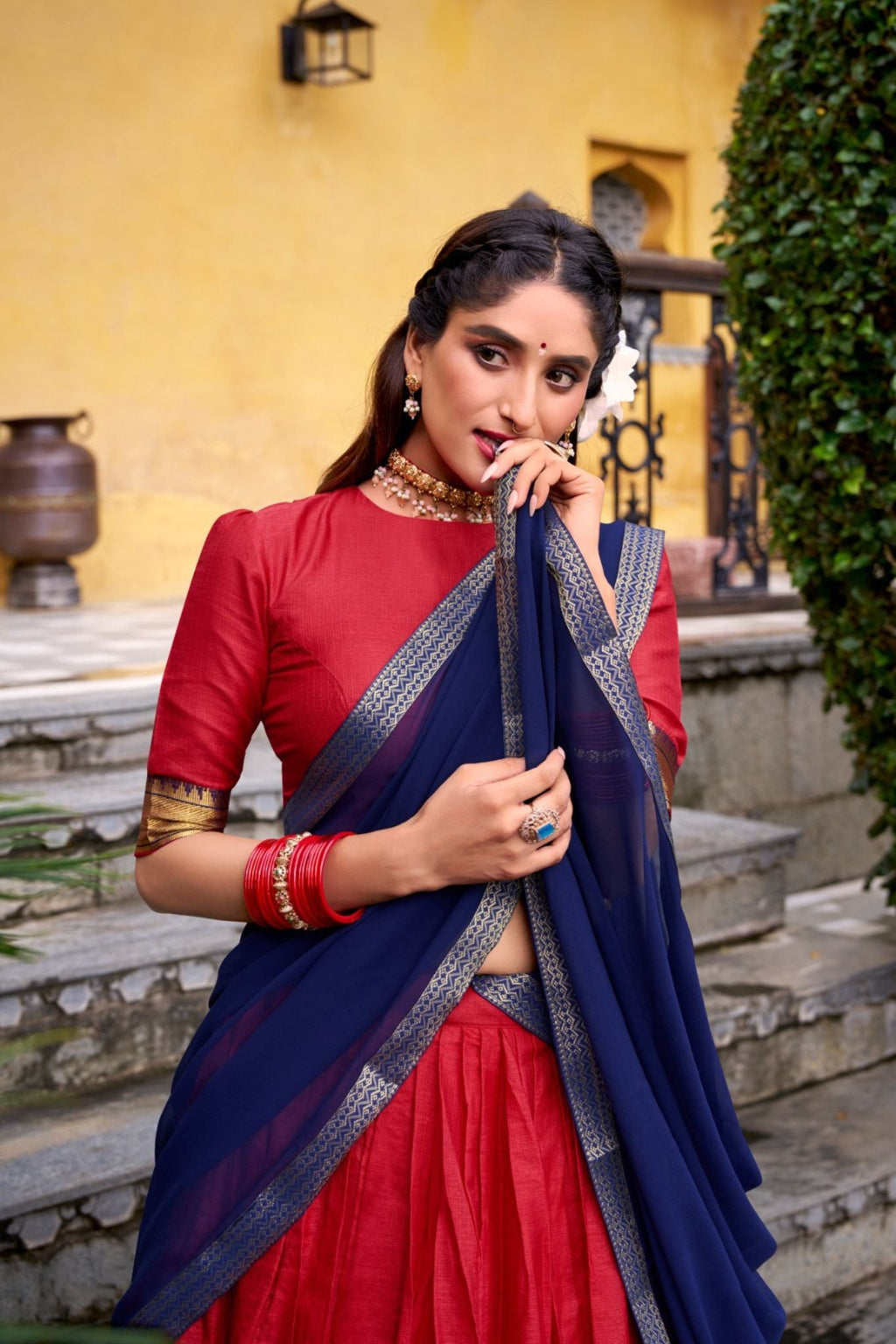 Ready-to-Wear Zari Woven Lehenga Set with Unstitched Blouse and Lace Border Dupatta