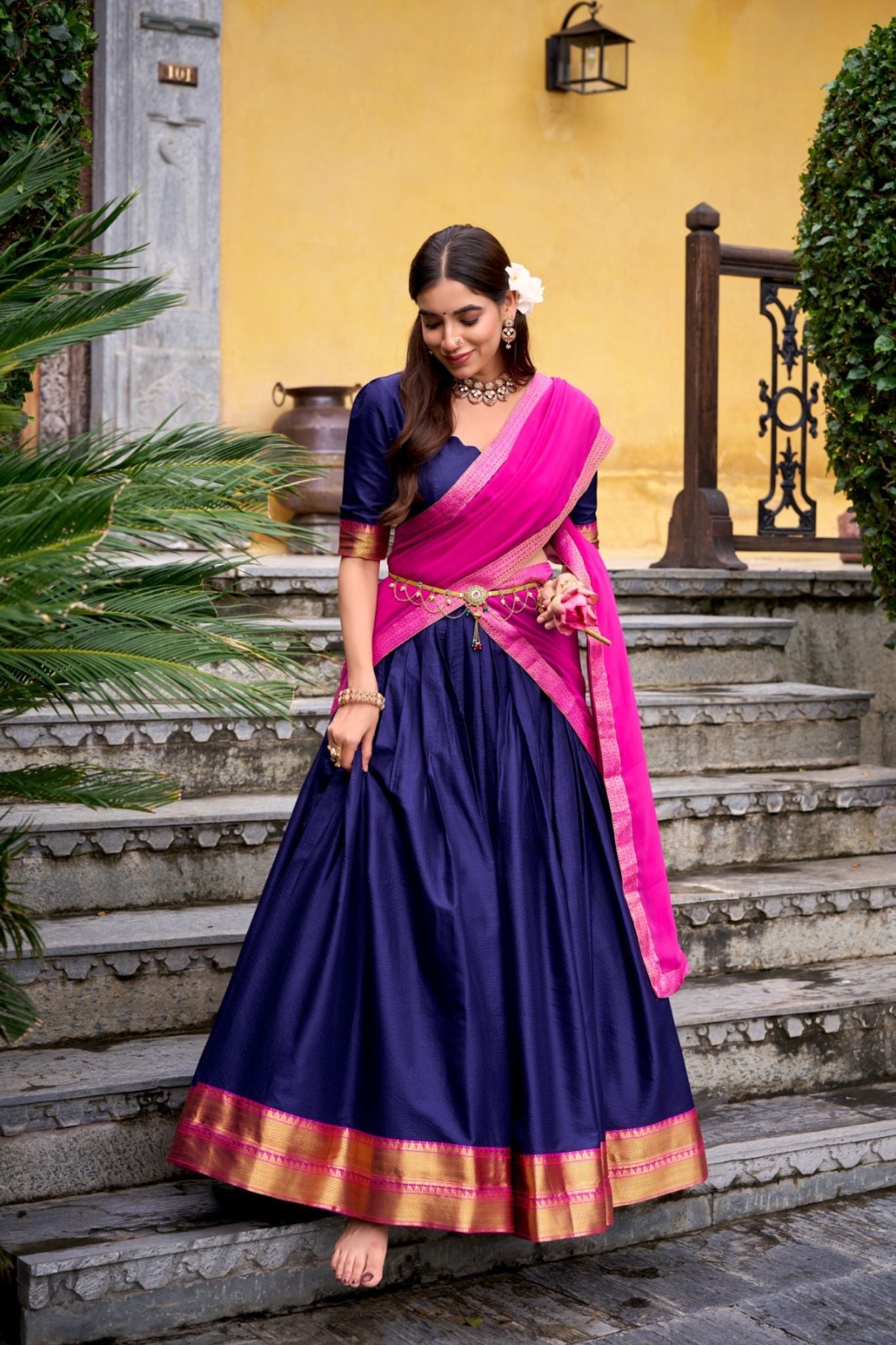 Ready-to-Wear Zari Woven Lehenga Set with Unstitched Blouse and Lace Border Dupatta