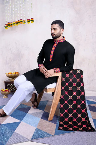 Black Color Beautiful Designer Special Mens Wear Kurta with Dupatta