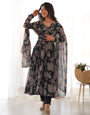 Faux Georgette Three Piece Black Anarkali Suit - Black