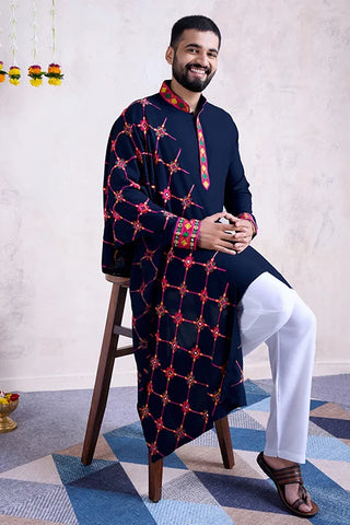 Blue Color Mens Kurta with Embroidered Heavy Dupatta Navratri Collection