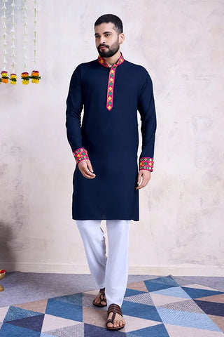 Blue Color Mens Kurta with Embroidered Heavy Dupatta Navratri Collection