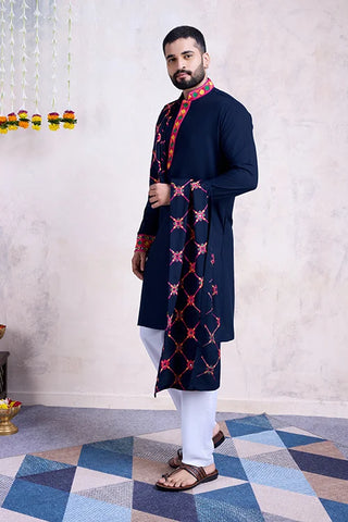 Blue Color Mens Kurta with Embroidered Heavy Dupatta Navratri Collection