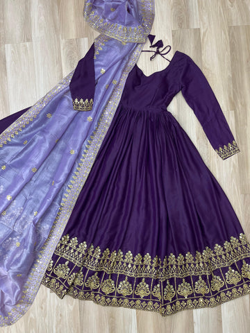 Festive Elegance Georgette Embroidered Zari Sequins Work Wedding Gown With Dupatta Set