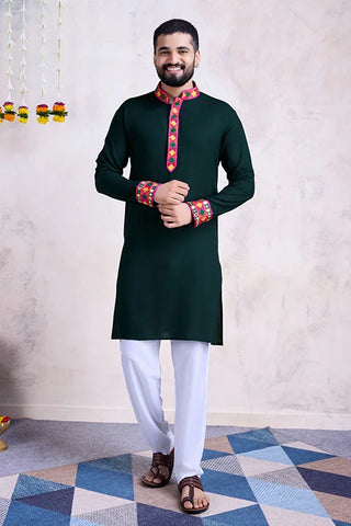 Green Color Men's Wear Embroidered Kurta with Dupatta Collection