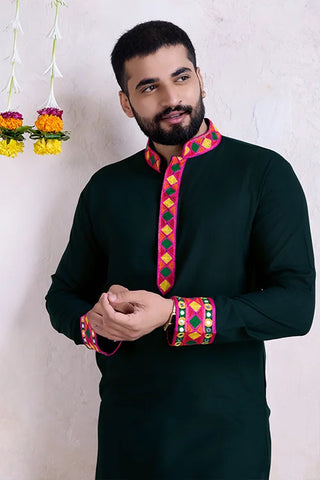 Green Color Men's Wear Embroidered Kurta with Dupatta Collection