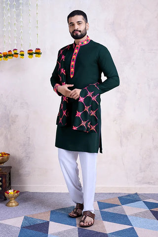 Green Color Men's Wear Embroidered Kurta with Dupatta Collection