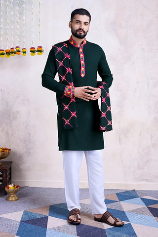 Green Color Men's Wear Embroidered Kurta with Dupatta Collection