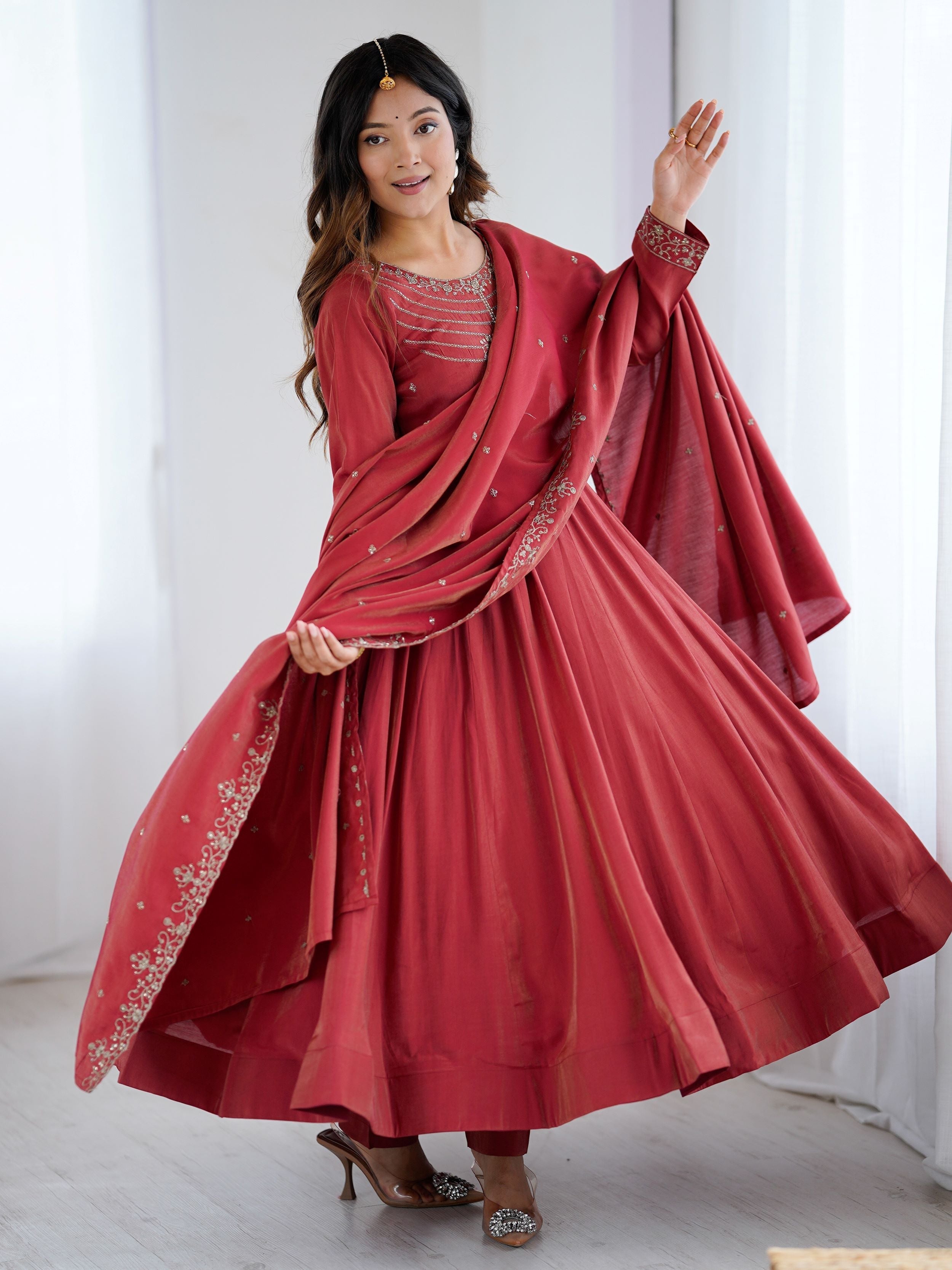 Maroon Roman Shimmer Chanderi Silk Beads Zari Embroidery Anarkali Suit Set