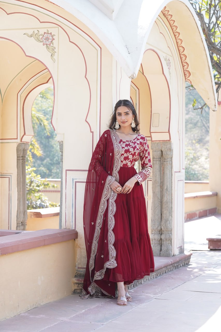 Designer Embroidery Luxury Work Gown With Dupatta Set