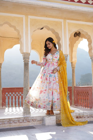 The Elegant Readymade Russian Digital Printed Gown with Dupatta Set