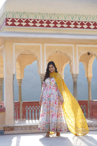 The Elegant Readymade Russian Digital Printed Gown with Dupatta Set