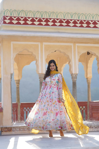 The Elegant Readymade Russian Digital Printed Gown with Dupatta Set