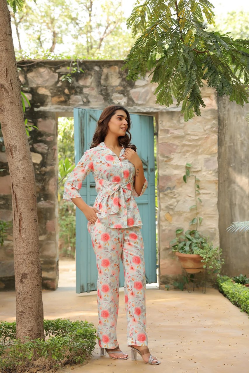 Cream-Color Floral Printed Lapel Collar Cotton Shirt With Palazzo Co Ord Set